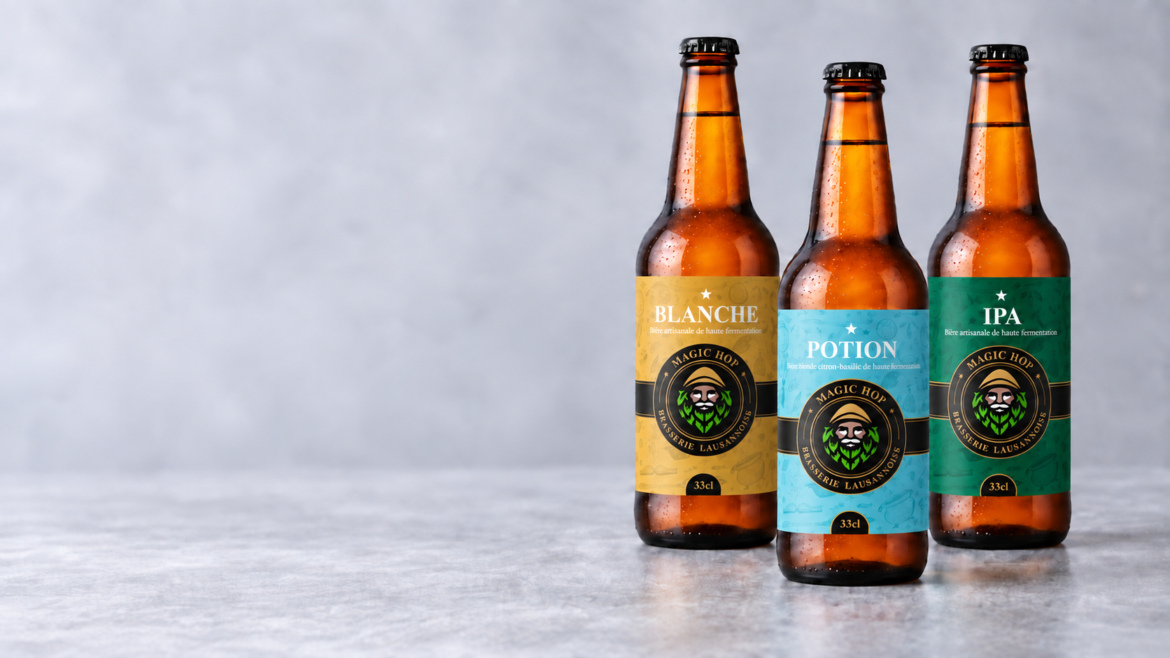 Simulation des bouteilles Blanche, Potion et IPA avec les étiquettes 2026